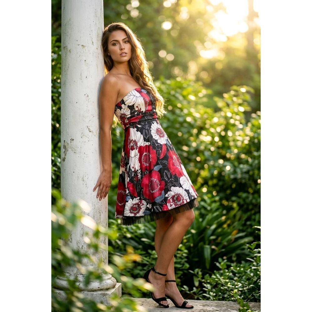 🔹️Vintage XOXO Red & Black Floral Print Sleeveless Cocktail Dress Size 3